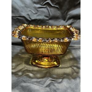 Vintage Indiana Glass Amber Candy Dish- Pedestal Base- Ribbed Glass- Lace Edge